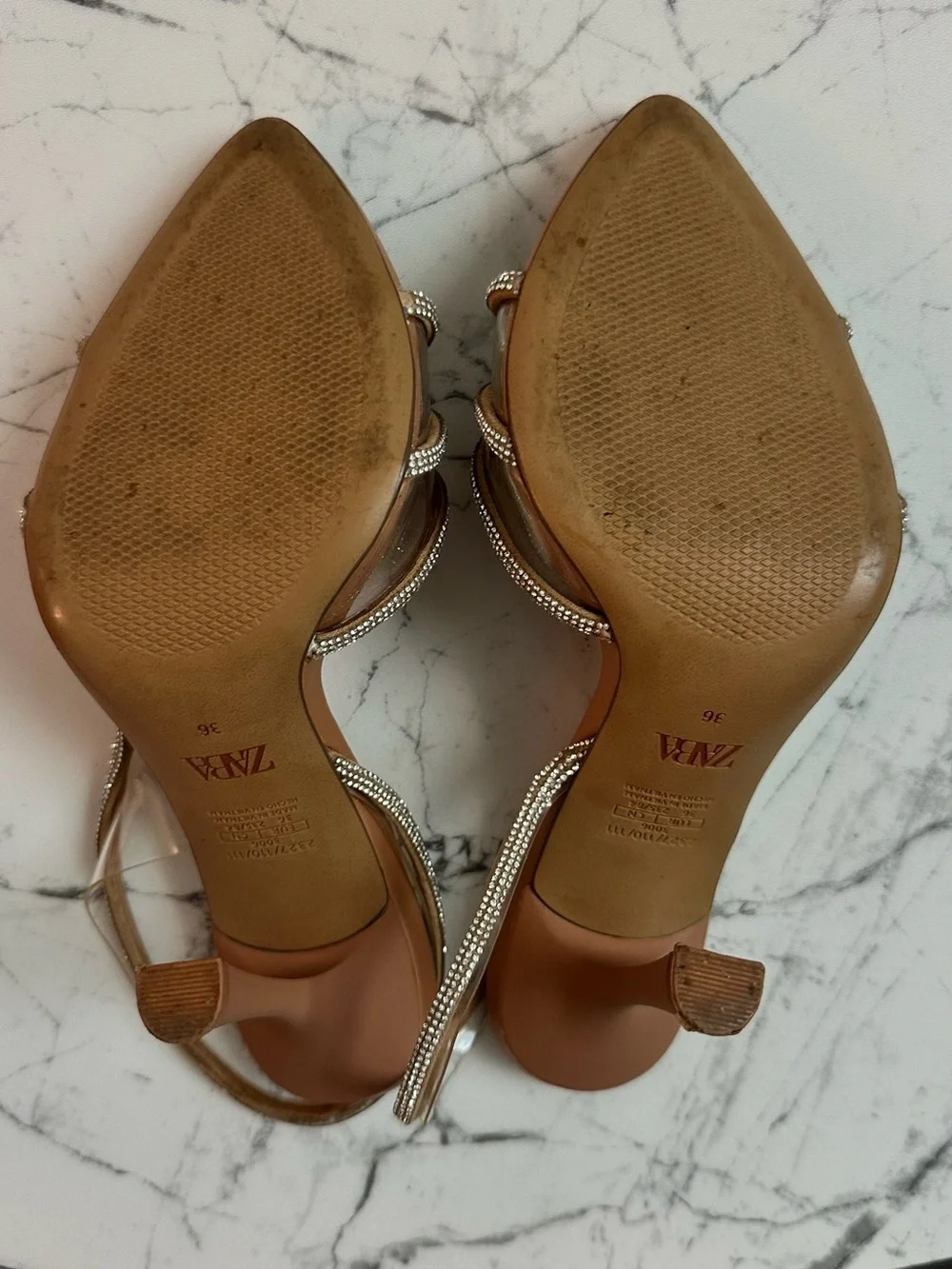 Zara Tan Pointed Slingback Heels with Crystal Straps